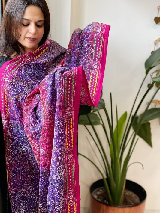 Pink, Purple Handmade Reverse Kantha Dupatta in Silk
