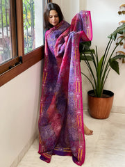 Pink, Purple Handmade Reverse Kantha Dupatta in Silk