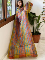 Red, Green Handmade Kantha Dupatta in Silk