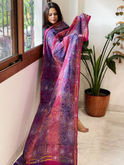 Pink, Purple Handmade Reverse Kantha Dupatta in Silk