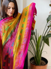 Yellow, Pink Handmade Kantha Dupatta in Silk