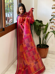 Pink, Orange Handmade Kantha Dupatta in Silk