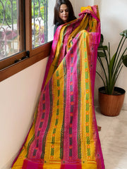 Yellow, Pink Handmade Kantha Dupatta in Silk