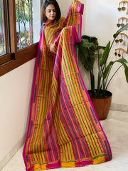 Mustard, Pink Handmade Kantha Dupatta in Silk