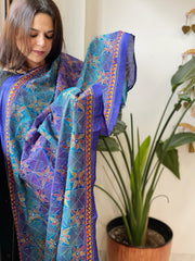 Blue, Dark Blue Handmade Kantha Dupatta in Silk
