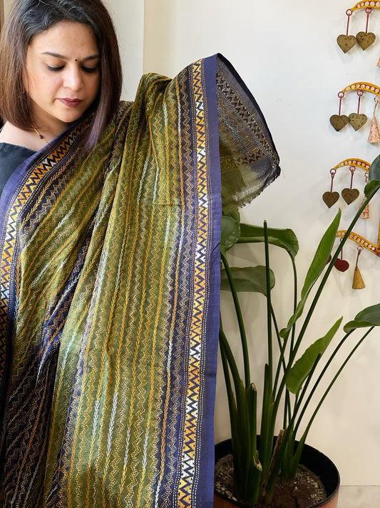 Green, Blue Handmade Kantha Dupatta in Silk