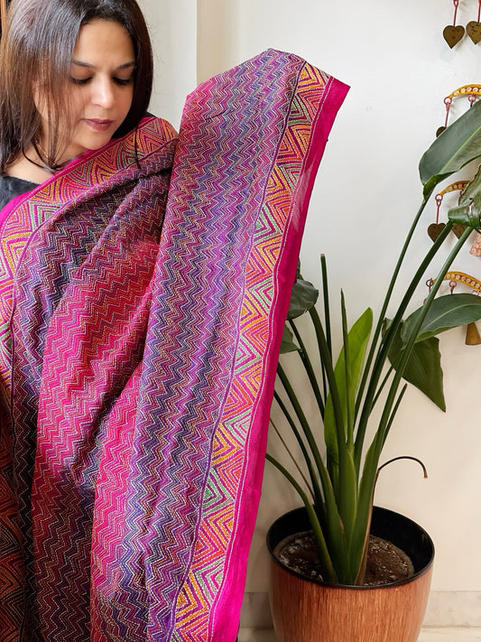 Purple, Pink Handmade Kantha Dupatta in Silk