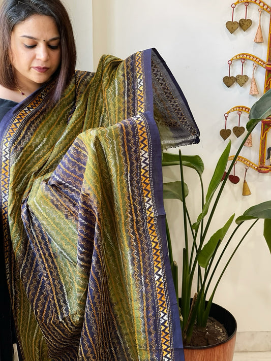 Green, Blue Handmade Kantha Dupatta in Silk