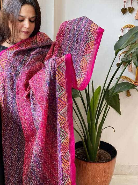 Purple, Pink Handmade Kantha Dupatta in Silk