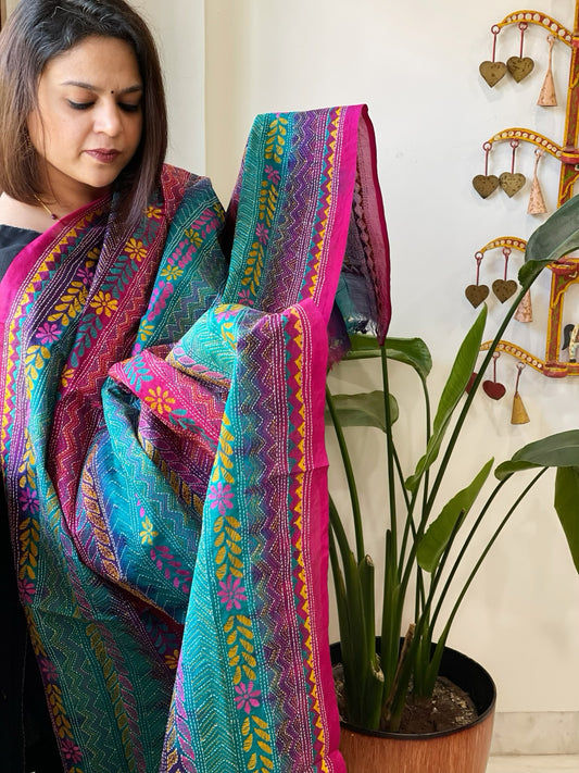 Blue, Pink Handmade Kantha Dupatta in Silk