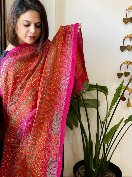 Orange, Pink Handmade Kantha Dupatta in Silk