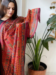 Orange, Maroon Handmade Kantha Dupatta in Silk