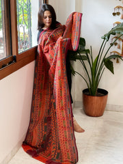Orange, Maroon Handmade Kantha Dupatta in Silk