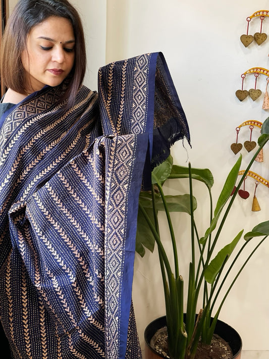 Dark Blue Handmade Kantha Dupatta in Silk