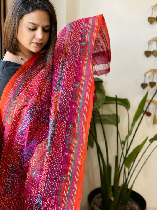 Orange, Pink Handmade Kantha Dupatta in Silk