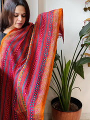 Orange, Pink Handmade Kantha Dupatta in Silk