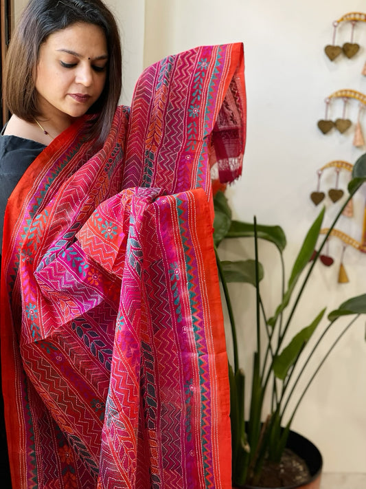 Orange, Pink Handmade Kantha Dupatta in Silk