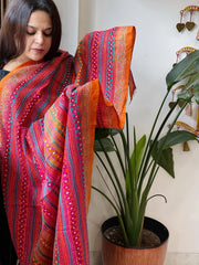 Orange, Pink Handmade Kantha Dupatta in Silk