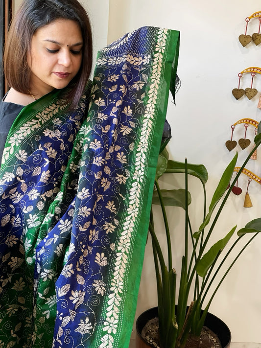 Green, Blue Handmade Kantha Dupatta in Silk