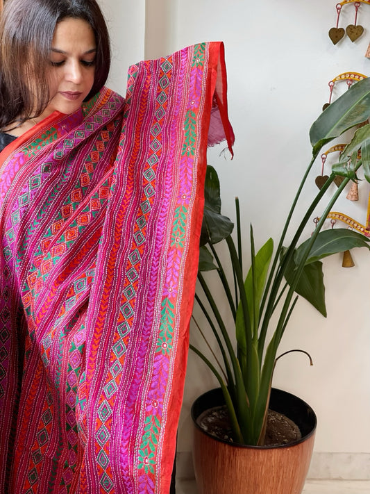 Pink, Orange Handmade Kantha Dupatta in Silk