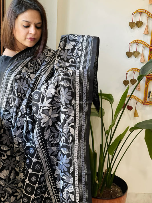 Black Handmade Nakshi Kantha Dupatta in Pure Silk