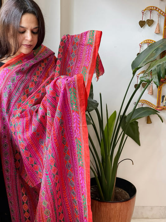 Pink, Orange Handmade Kantha Dupatta in Silk