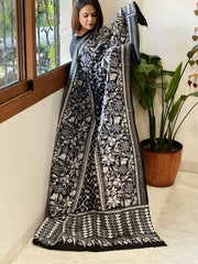 Black Handmade Nakshi Kantha Dupatta in Pure Silk