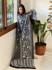 Black Handmade Nakshi Kantha Dupatta in Pure Silk
