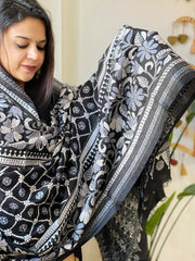 Black Handmade Nakshi Kantha Dupatta in Pure Silk