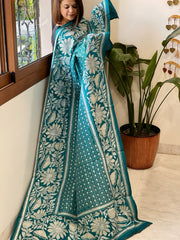 Sea Blue Handmade Nakshi Kantha Dupatta in Pure Silk