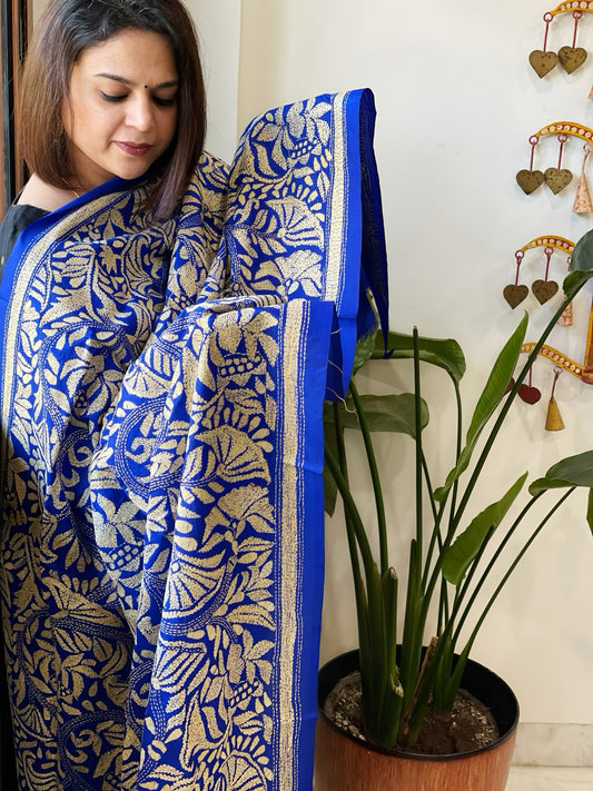 Royal Blue Handmade Nakshi Kantha Dupatta in Pure Silk
