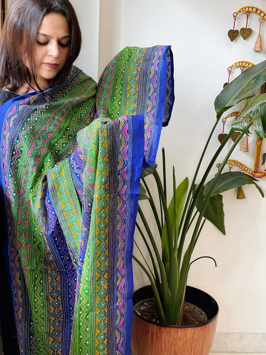 Green, Blue Handmade Kantha Dupatta in Silk