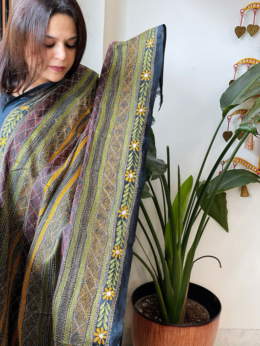 Black Handmade Kantha Dupatta in Silk