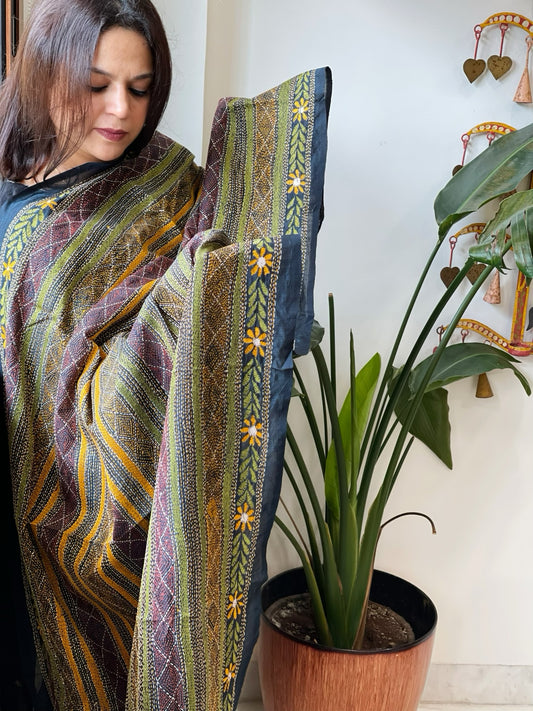 Black Handmade Kantha Dupatta in Silk