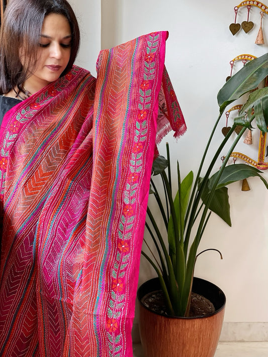 Pink, Orange Handmade Kantha Dupatta in Silk