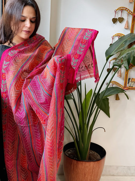 Pink, Orange Handmade Kantha Dupatta in Silk