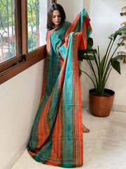 Orange, Teal Handmade Kantha Dupatta in Silk