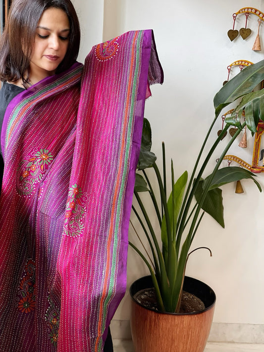 Pink, Purple Handmade Kantha Dupatta in Silk