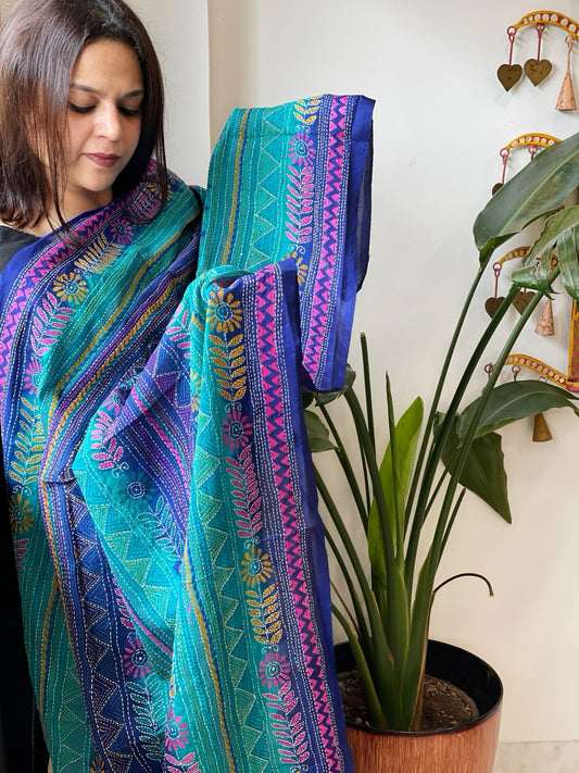 Turquoise, Blue Handmade Kantha Dupatta in Silk