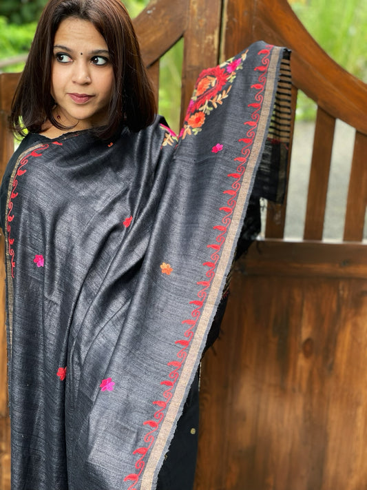 Black Kashmiri Aari Embroidered Dupatta in Geecha Silk