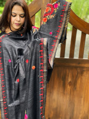 Black Kashmiri Aari Embroidered Dupatta in Geecha Silk