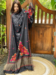 Black Kashmiri Aari Embroidered Dupatta in Geecha Silk