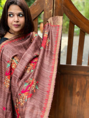 Lite Brown Kashmiri Aari Embroidered Dupatta in Geecha Silk