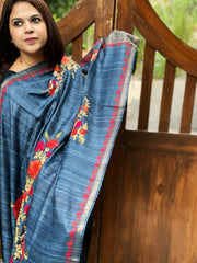 Blue Kashmiri Aari Embroidered Dupatta in Geecha Silk