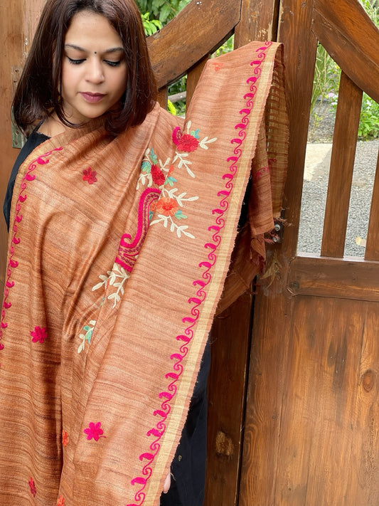 Dull Orange Kashmiri Aari Embroidered Dupatta in Geecha Silk