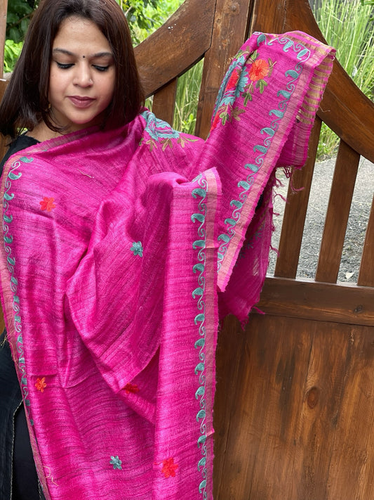 Pink Kashmiri Aari Embroidered Dupatta in Geecha Silk
