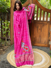 Pink Kashmiri Aari Embroidered Dupatta in Geecha Silk