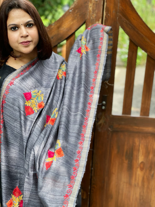 Grey Kashmiri Aari Embroidered Dupatta in Geecha Silk