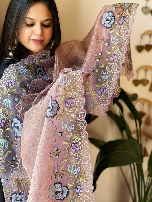 Lavender Tissue Dupatta with Organza Cross-Stitch Embroidered Border