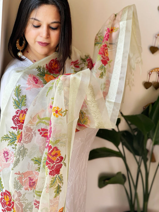 Lime Green Organza Dupatta with cross-stitch embroidery